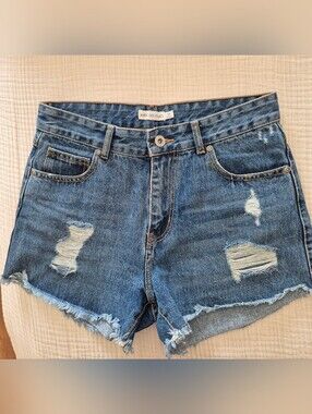 Avec Les Filles Medium Blue Distressed Denim Cutoff Shorts